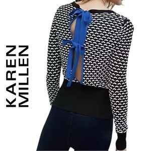 Karen Millen Monochrome Knit Sweater‎ Open Back Blue Contrast Bows - Size XS
